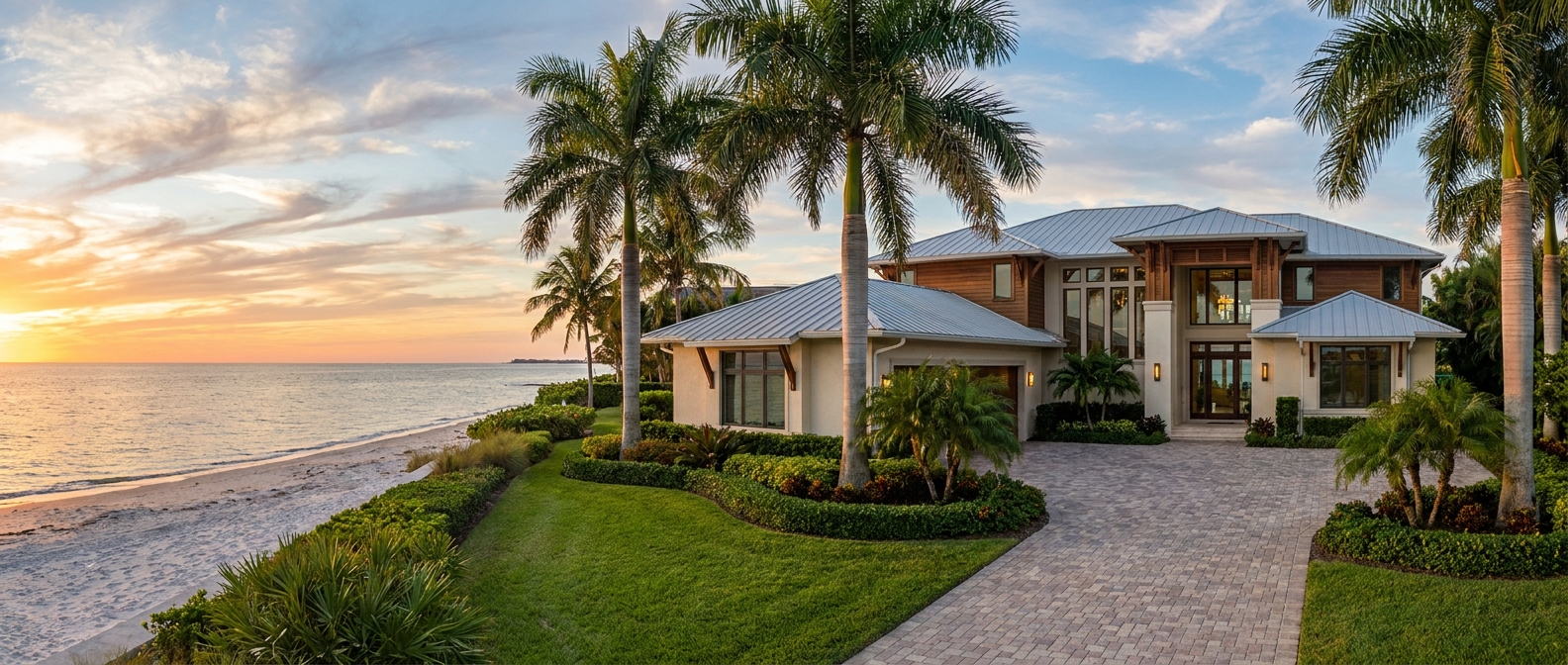 Palm-lined Florida Gulf-coast home at golden hour